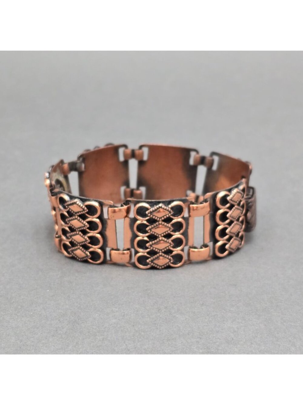 Vintage Copper Filigree Panel Bracelet 7" Wide Boho Geometric Link Statement - Picture 3 of 12